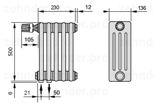 Схема (чертеж) Радиатор Zehnder Charleston 4050/5 №V001 Белый глянцевый RAL 9016